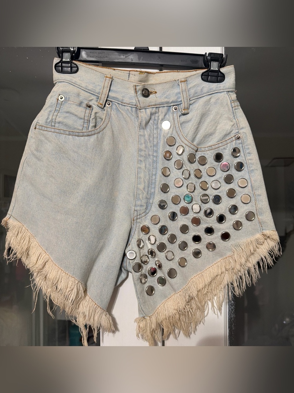 Studded Fringe Light Wash Denim Shorts
